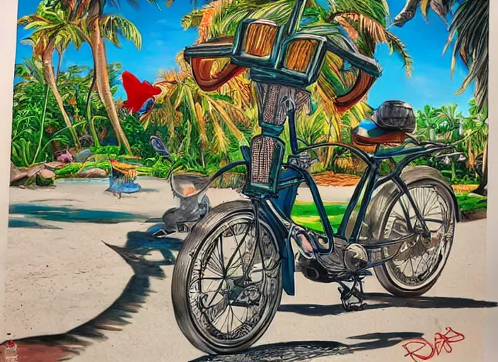 Prompt: 🚲🦜🌴🌞, lowbrow, 3 - d, detailed, in the style of adi granov,