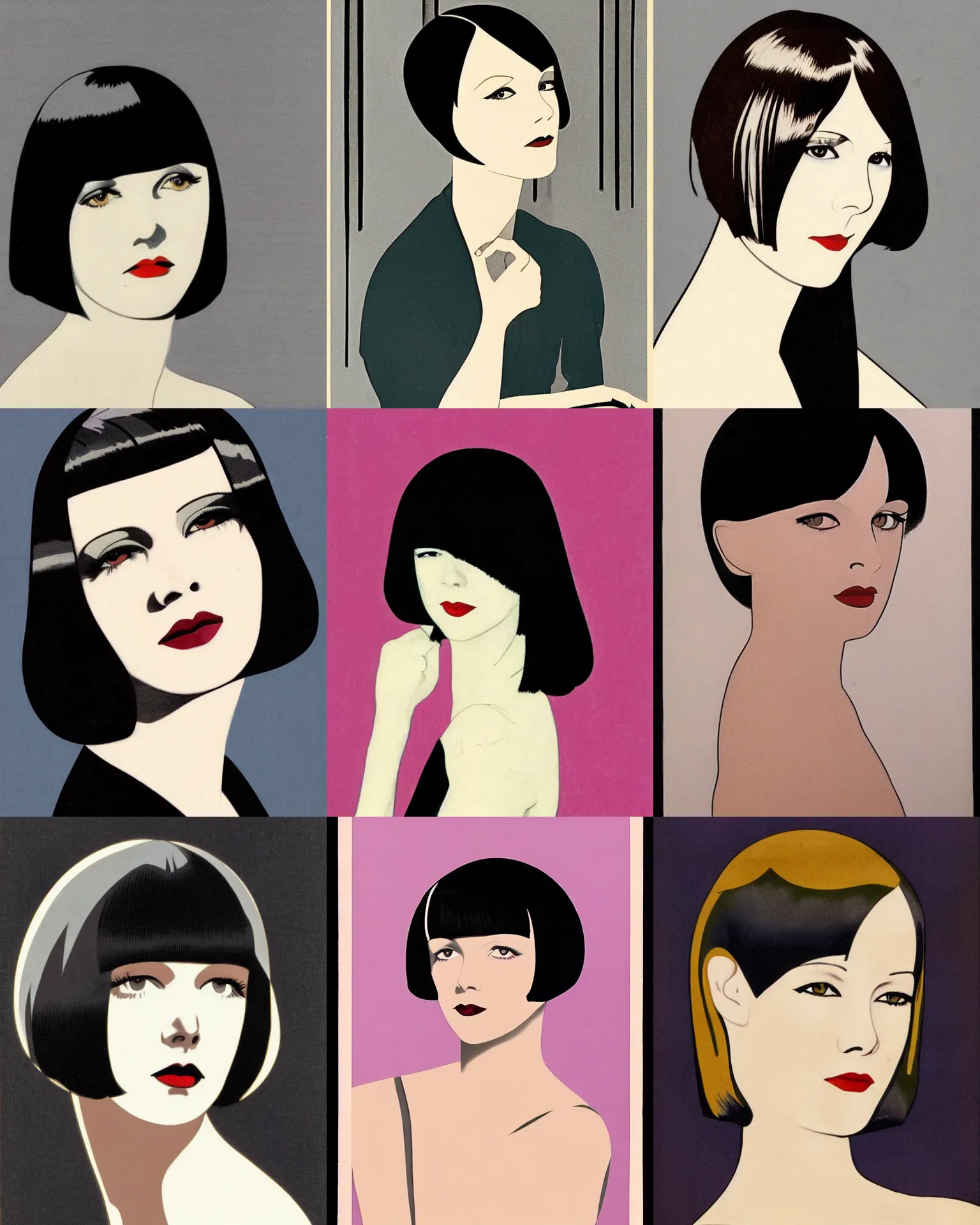 Prompt: Mary Louise Brooks 25 years old, bob haircut, side on portrait by Patrick Nagel, 1920s,