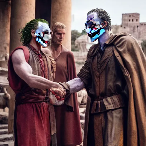 Prompt: cinematic shot of the joker shaking hands with julius caesar in ancient rome, 8 k, very detailed, very intricate,