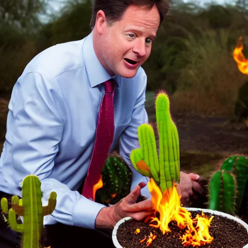Nick Clegg setting a cactus collection on fire,, Stable Diffusion
