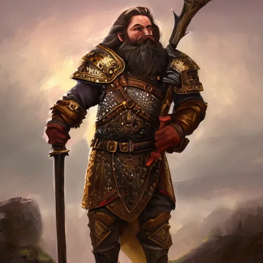 Image similar to High Fantasy whimsical portrait painting of a bearded dwarf holding a battleaxe, leg high, fantasy clothing, golden shoulder pauldrons, cgsociety, trending on artstation, dnd