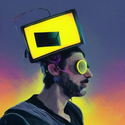 Image similar to artwork of a tv - headed man with a tv on his head, cyberpunk style, cmyk, yellow scene color, concept art, super detailed, 4 k hd, trending on artstation, digital painted, low contrast, made by greg rutkowski and viktoria gavrilenko