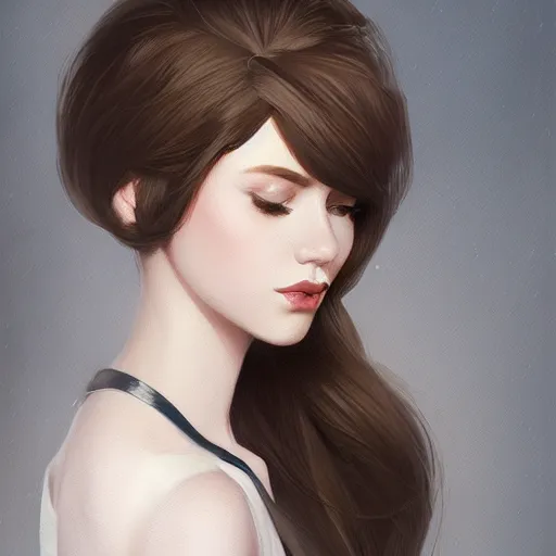 Prompt: elegant young brunette woman, Cottagecore, very detailed, portrait, high contrast, soft lighting, shallow focus, RossDraws, trending on artstation