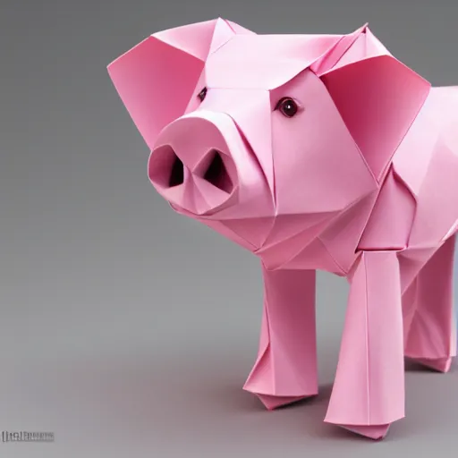 Image similar to origami pig in pink paper, 3 d render, ultra detailed, on white background, studio shot