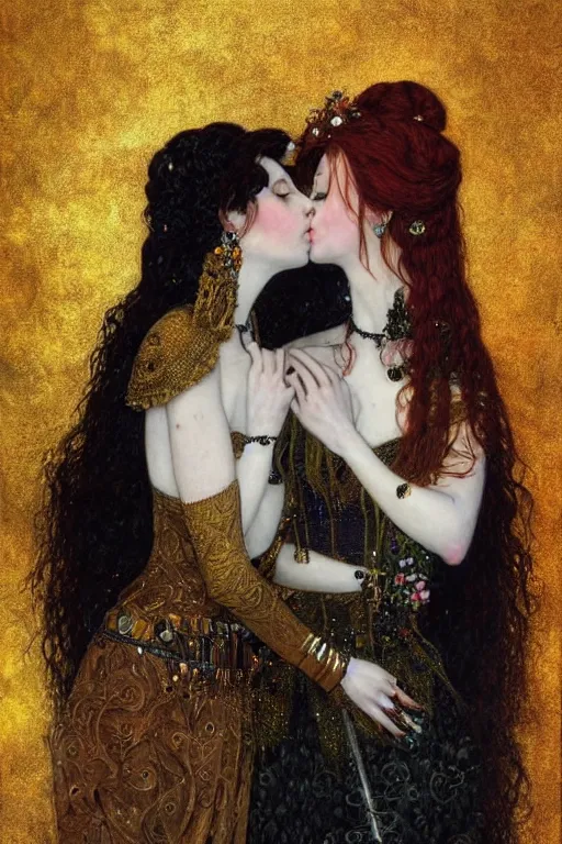 Prompt: portrait of two beautiful young gothic maidens kiss, dark fantasy, Warhammer, highly detailed, artstation, illustration, art by Gustav Klimt