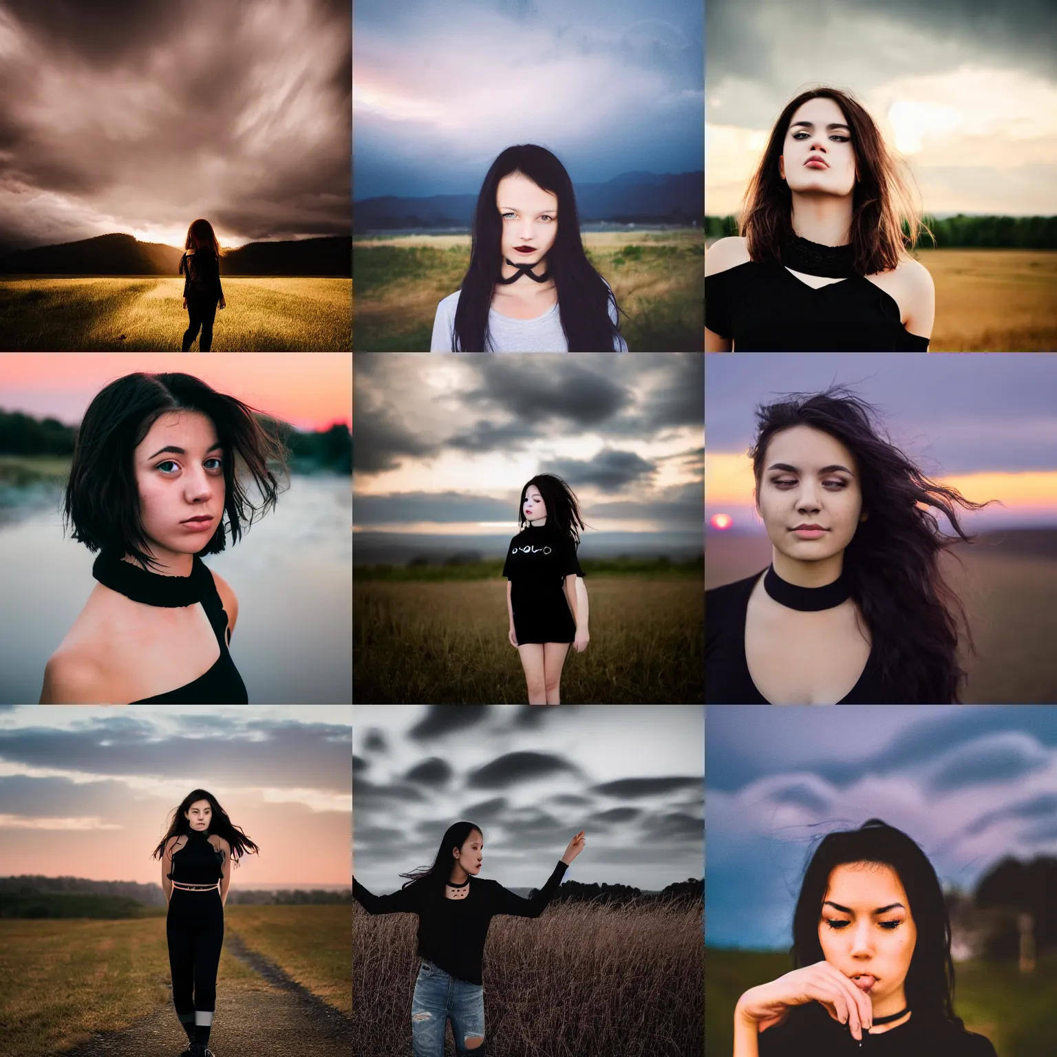 Prompt: a portrait photo of a girl with short dark wavy hair, wearing a black choker and a black t - shirt, her face is hidden by clouds, sunset cloudy landscape in the background, professional photography 5 0 mm f 1