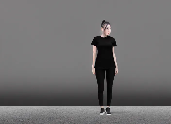 Image similar to clear photorealistic mockup product photograph of a blank black tshirt on an attractive female model in front of an urban background