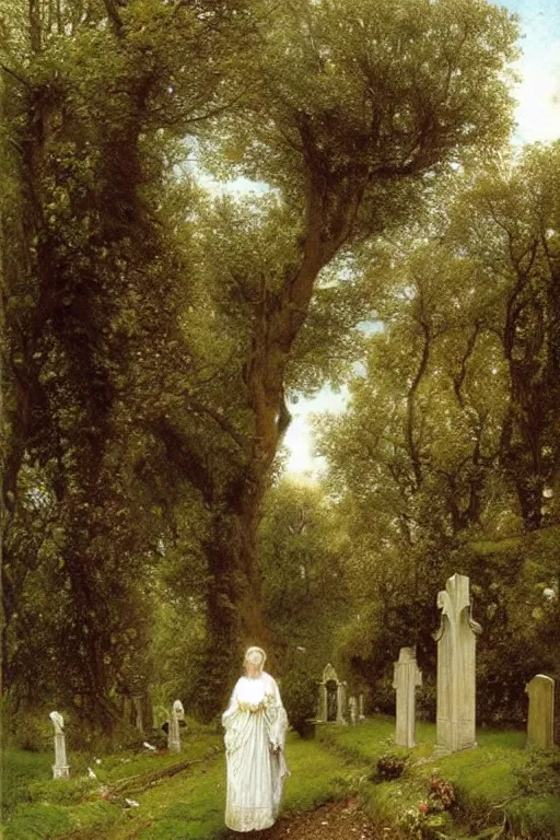 Image similar to a giant sketet in a magnificent dress walks along a cemetery along a path near a church in Manchester england, overgrown, weeds and ivy on the graves, an old twisted tree, a high stone wall, lawrence alma-tadema