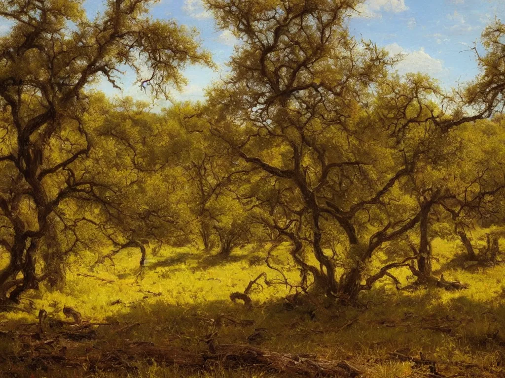 Image similar to a beautiful texas wilderness landscape, springtime morning, by julian onderdonk, oil on canvas, luminism, hyperrealism