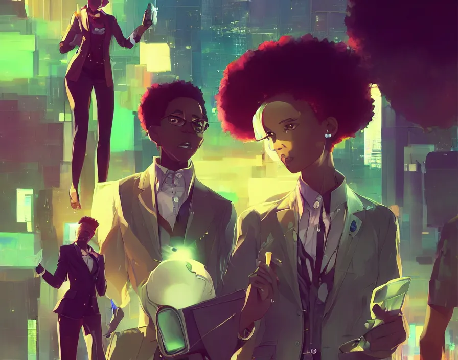 Prompt: afro - futuristic professionals, business attire and confidence, hacking the multiverse of possibilities | hyperrealistic digital art | by makoto shinkai, ilya kuvshinov, lois van baarle, rossdraws | afrofuturism, in the style of boondocks, trending on artstation | dark color scheme