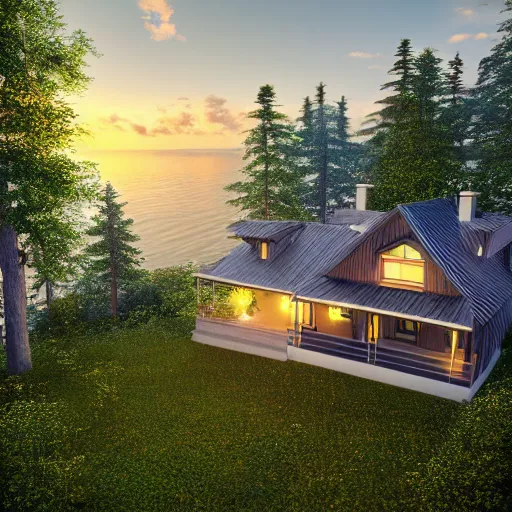 Image similar to beautiful house with sea view, sunset, wide shot, in forest in background, canvas, cinematic, kodak ektar, wide angle, f / 2 2, lens flare, high contrast, 4 k, full - hd, sunlight, ray tracing global illumination, ray tracing reflections