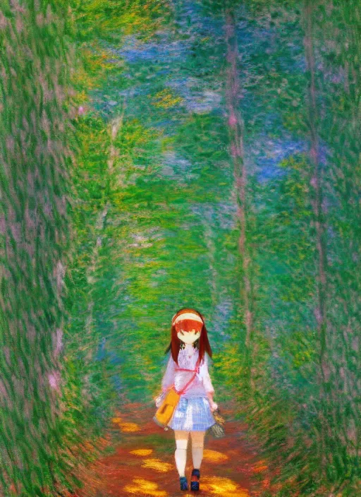 Prompt: an extremely cute girl hiking in a forest, very anime, trending artwork, 4 k, anime painter studio, an impressionist style by claude monet