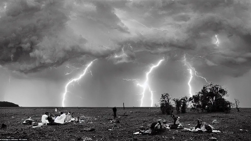 Prompt: a vision of climate change catastrophe, dark storm clouds, lightning striking, hail, hurricane winds, floods, as seen by a couple having picnic with dying nature around them, moody, dark and eerie large-format photography