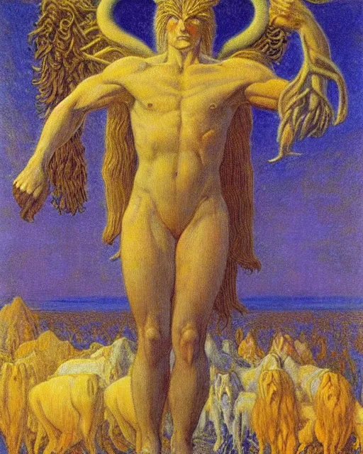 Image similar to a creature with the body and eyes of a man, with the beak of an eagle, the mane of a lion, and the horns of an ox by jean delville. vivid colors