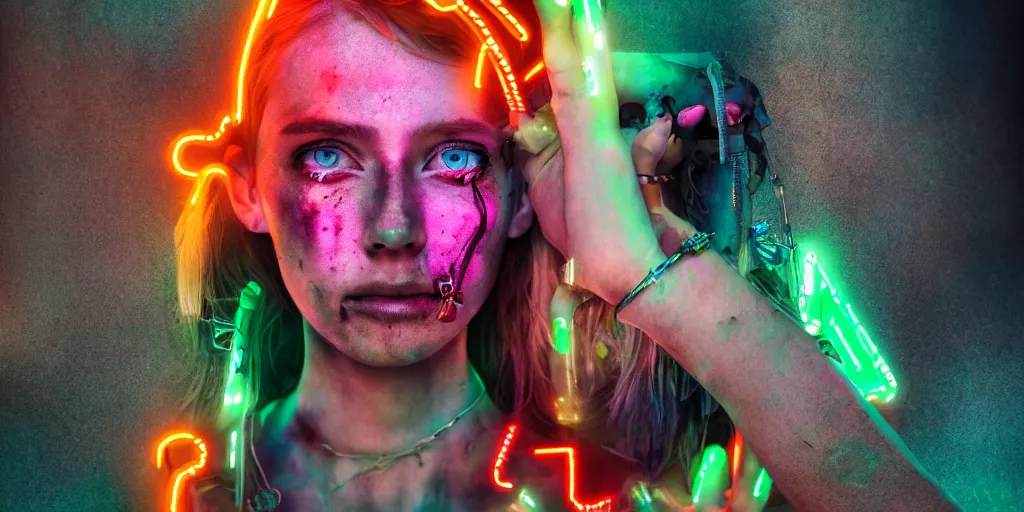 Prompt: post apocalyptic scene with half android half female wearing jewelry along mutated animals and colorful neon from far dystopian city, ultra wild lens, high details, 8k