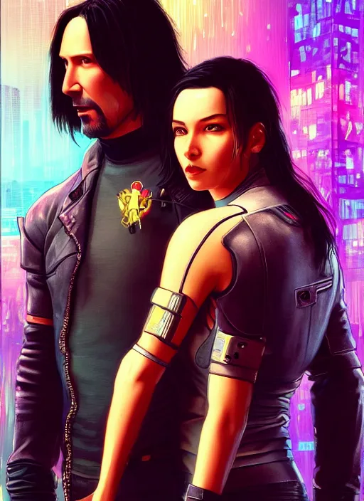 Prompt: a cyberpunk 2077 couple portrait of Keanu Reeves&female android in kiss,love,film lighting,by Laurie Greasley,Lawrence Alma-Tadema,Dan Mumford,artstation,deviantart,FAN ART,full of color,Digital painting,face enhance,highly detailed,8K,octane,golden ratio,cinematic lighting