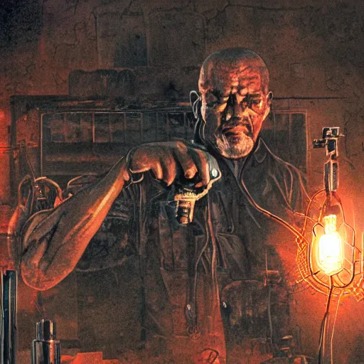 Image similar to half rusted old egg beater half stun - gun, balding older cyborg repairing, red hot soldering iron, dark messy smoke - filled cluttered workshop, dark, dramatic lighting, orange tint, cinematic, highly detailed, sci - fi, futuristic, movie still from blade runner