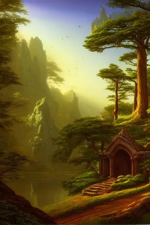 Image similar to fantasy landscape with elven temple in a forest, calm serene atmosphere, in the style of hudson river school