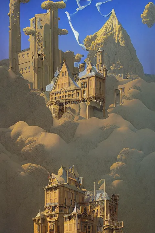 Prompt: a surreal castle made of books, digital painting by maxfield parrish and leyendecker and michael whelan, photorealistic