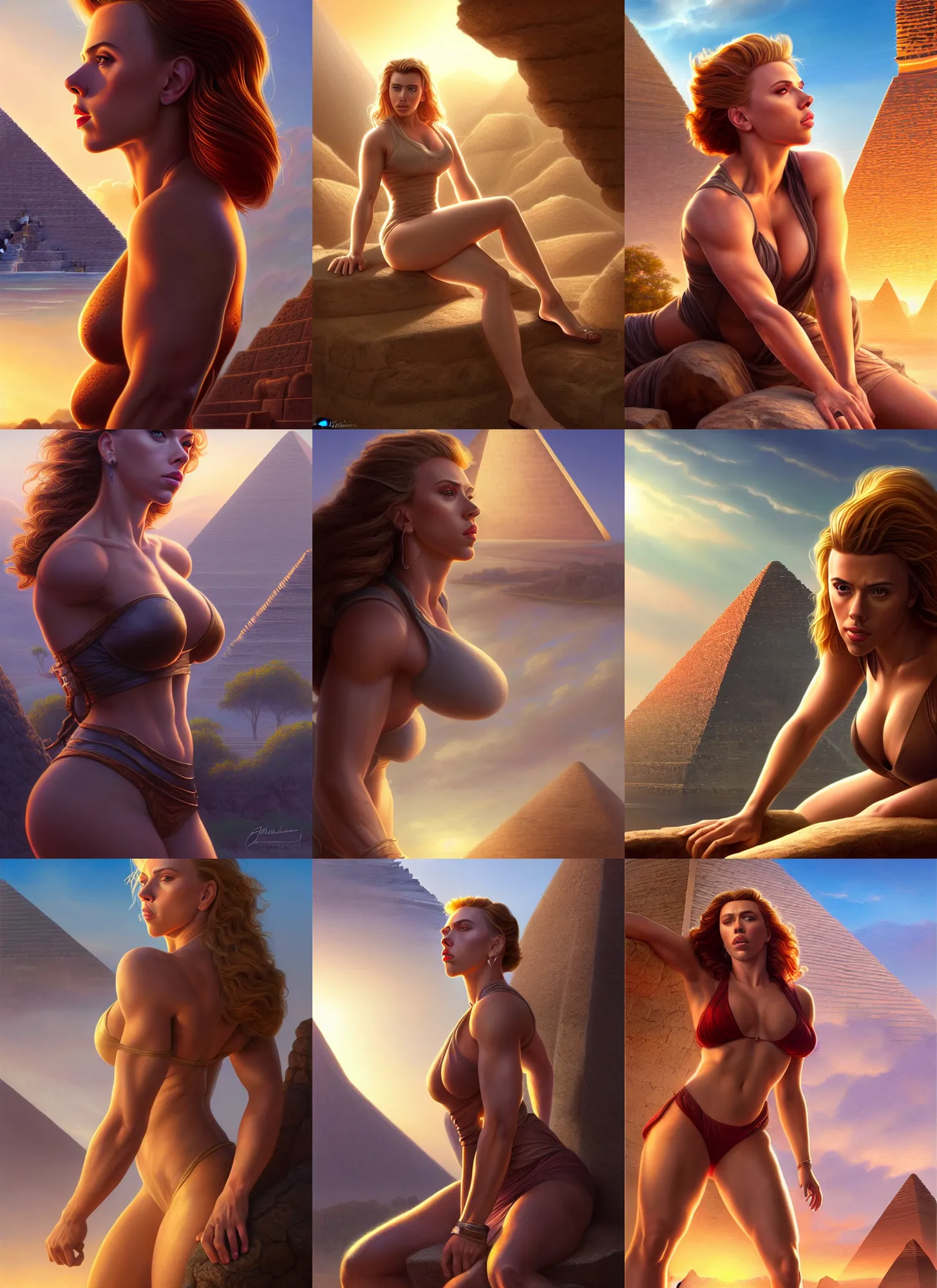 Prompt: portrait of muscled Scarlett Johansson taking a rest, pyramid ruins at sundown, sun beams, elegant, mythical, highly detailed, sharp digital painting, Artstation, concept art, smooth, short focus depth of field, Allan Lee, John Howe, Joseph Christian Leyendecker, WLOP, Boris Vallejo, Artgerm