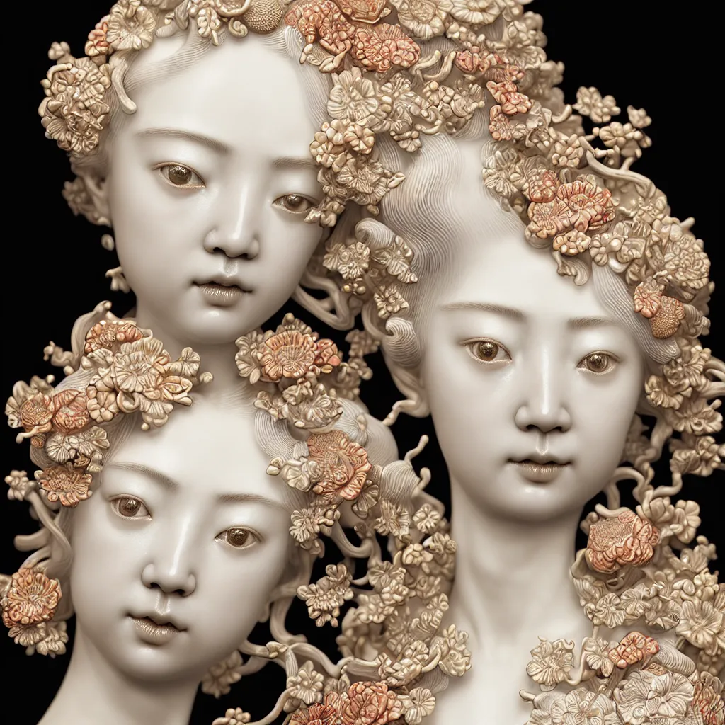 Image similar to A Close up photo-real delicate ceramic porcelain sculpture of an ornate detailed blond girl in front of a intricate background by Victo Ngai and takato yamamoto, micro detail, backlit lighting, face in focus, subsurface scattering, translucent, thin porcelain, octane renderer, colorful, physically based rendering, japanese pottery, trending on cgsociety