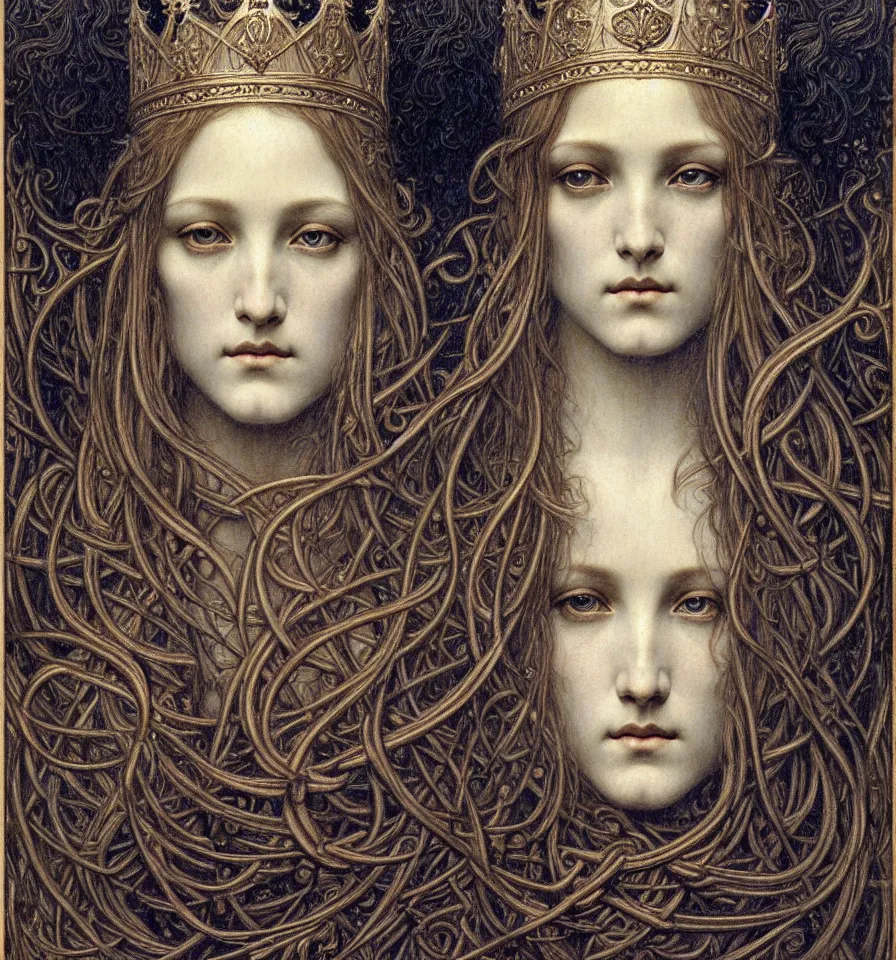 Image similar to detailed realistic beautiful young medieval queen face portrait by jean delville, gustave dore and marco mazzoni, art nouveau, symbolist, visionary, gothic, pre - raphaelite. horizontal symmetry