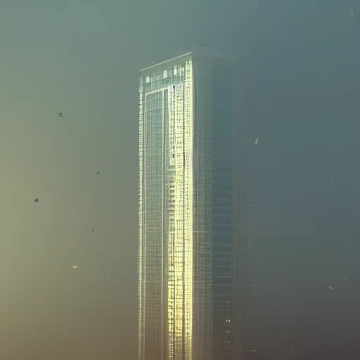 Image similar to a very tall soviet panel building in the fog, dystopian style, 4k, octane, hyperrealistic, extremely detailed,