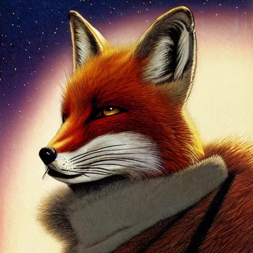 Image similar to a portrait of fox mccloud by peter elson, furry art : he is looking to the side, profile, with a sci fi city background by syd dutton