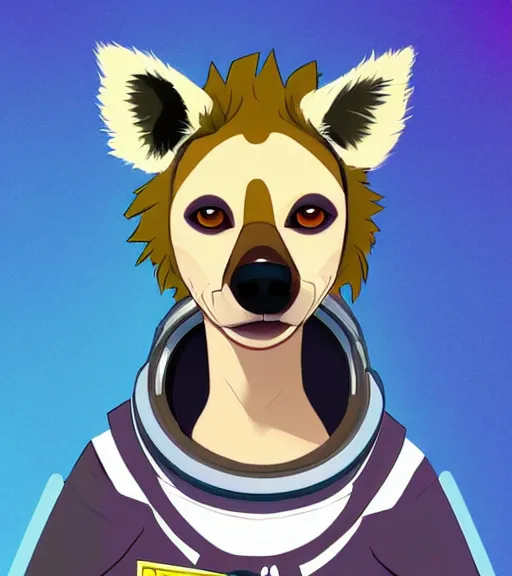 Image similar to digital detailed art of furry female hyena, in style of zootopia, fursona, furry, furaffinity, deviantart, wearing astronaut outfit, floating in space, space background, hyena fursona, cyberpunk, female, detailed face, style of artgerm,