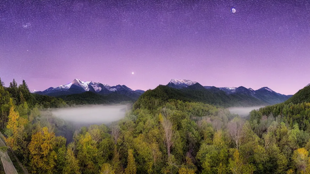 Prompt: Panoramic photo where the mountains are towering over the valley below their peaks shrouded in mist. The moon is just peeking over the horizon and the purple sky is covered with stars and clouds. The river is winding its way through the valley and the trees are light blue.