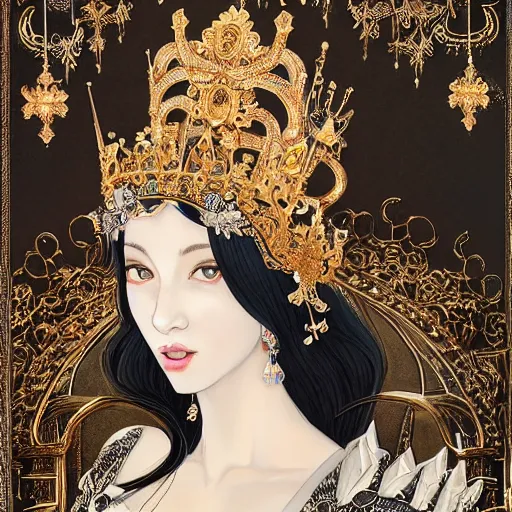 Image similar to a beautiful black haired woman with pale skin and a crown on her head sitted on an intricate metal throne, flower decoration on the background, beautiful illustration, atmosphere, top lighting, perfect composition, smooth, highly detailed, art by so - bin and yuhong ding and chengwei pan,