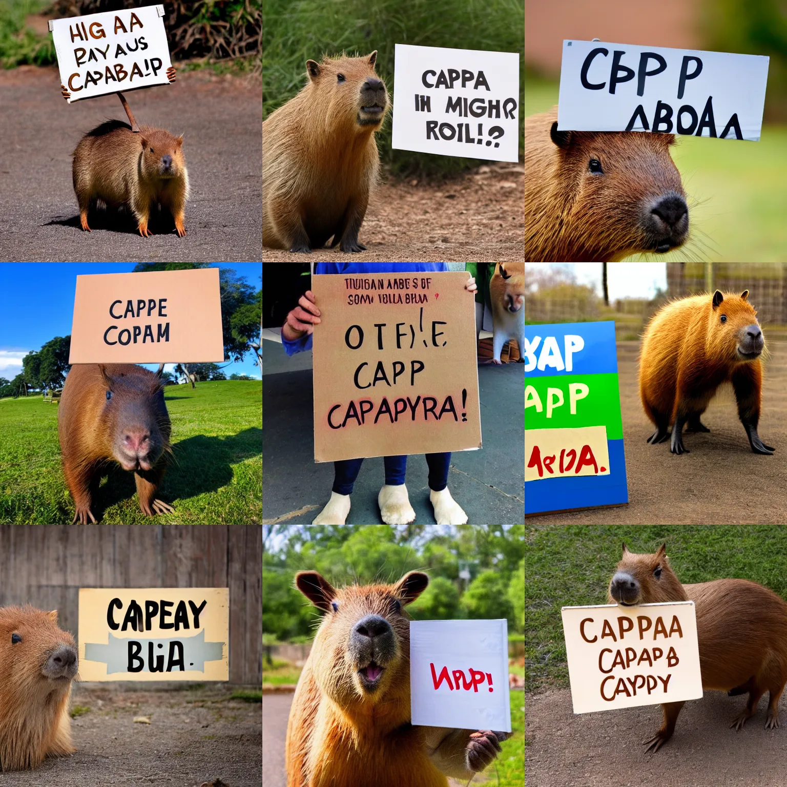 Image similar to realistic high quality photo of a capybara holding a sign with text that reads : capybara