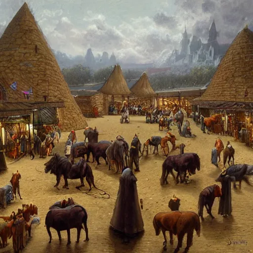 Image similar to a medieval horse market, by john howe