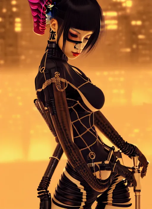 Image similar to soft lustrous ebony geisha seductive raver gutter punk steampunk cyborg, yakuza, golden ratio, details, scifi, fantasy, cyberpunk city, intricate, decadent, highly detailed, octane render, digital painting, artstation, concept art, sharp focus, illustration, art by artgerm, loish, wlop