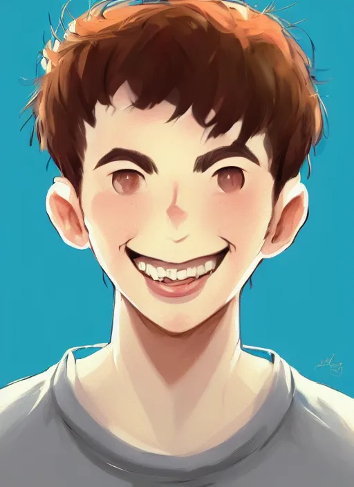 Image similar to a white young man with a big smile, prominent big eyes, wise forehead, big lips, round portruding chin, background full of brown flowers, standout colours, thin sharp lines, digital painting, artstation, matte, sharp focus, illustration, realistic anime moe artstyle