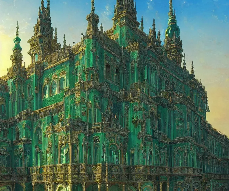 Prompt: a detailed oil painting of an intricate, ornate arabian prague palace made of green, polished semiprecious malachite marble and jade, hyper detailed, hd, artstation, beautiful sunrise lighting, by john williams waterhouse, thomas kincade, michael whelan and donato giancola