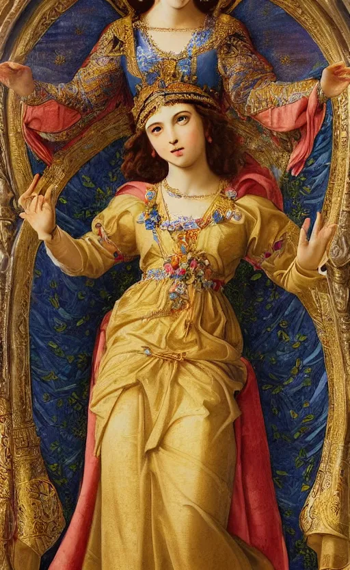 Image similar to mural of a young godess of spring, beautiful royal gown, royal ornaments, reaching towards the heavens, holy imagery, highly detailed, beautiful colors, renaissance mural, golden ratio, mural in the style of sandro boticceli, sandro boticceli