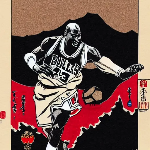 Image similar to Michael Jordan in a samurai suit in the style of ukiyo-e