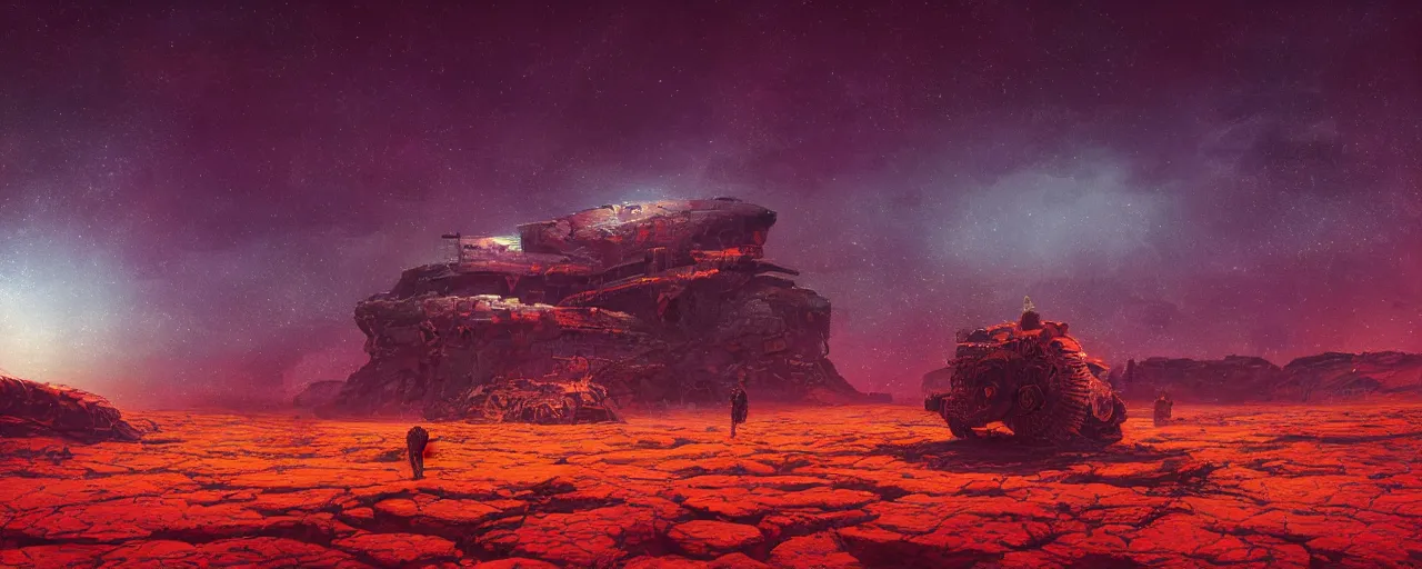 Image similar to ” barren landscape at night, [ cosmic, cinematic, detailed, epic, widescreen, opening, establishing, mattepainting, photorealistic, realistic textures, octane render, art by slop and paul lehr ] ”