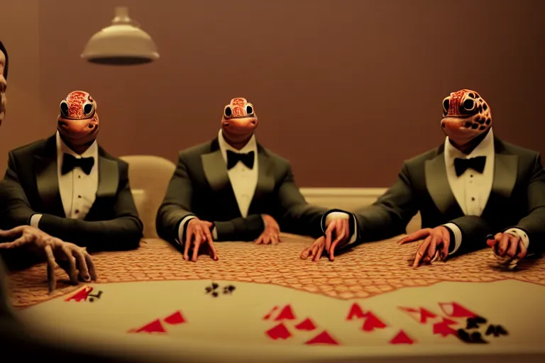 Image similar to hyperrealism simulation highly detailed human turtles'wearing detailed tuxedos and smoking, playing poker in surreal scene from cyberpunk movie from future by wes anderson and denis villeneuve and mike winkelmann rendered in blender and octane render