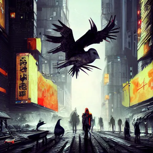 Image similar to A dark painting of a cyberpunk city infested with giant pigeons, trending on art station