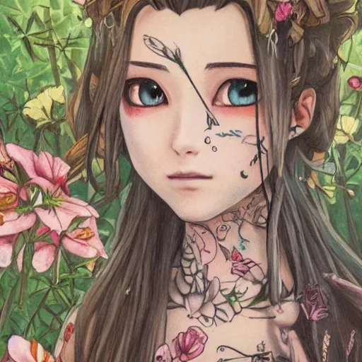 Image similar to concept art of aerith gainsborough with tattoos, amongst flowers, high quality, detailed, trending on artstartion