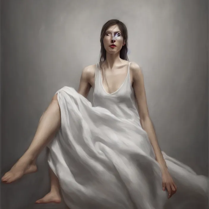 Image similar to a wonderful realistic portrait of a lonely woman who is dressed with a wonderful, majestic, large semi transparent white cotton dress, accent white lighting, dramatic light, octane render by roberto ferri, fantasy art, photo realistic, dynamic lighting, unreal engine rendered, artstation, poster, dramatic light, - 8 k, award winning