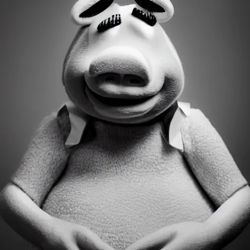 Prompt: professional black and white portrait photography of miss piggy, stunning, 4 k