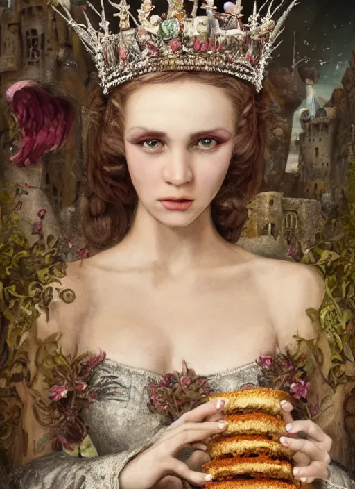 Image similar to closeup medieval otto dix face portrait of a fairytale princess wearing a crown eating cakes in the castle, bikini, depth of field, zeiss lens, detailed and intricate environment, fashion photoshoot by nicoletta ceccoli, mark ryden, lostfish, breathtaking, 8 k resolution, extremely detailed, beautiful, establishing shot, artistic, hyperrealistic, octane render