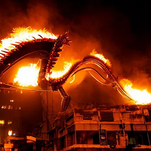 Image similar to photograph of a robot dragon burning Dhaka city