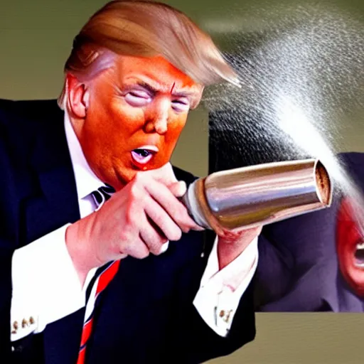 Image similar to donald j. trump spraying chocolate pudding from his mouth onto liberals