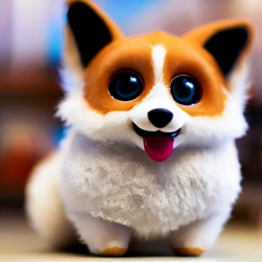 Prompt: award - winning photograph of a cute corgi furby toy on a store shelf