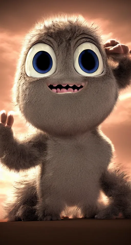 Image similar to a cute little baby monster with long fur, portrait, pixar style, extremely realistic photo, heaven background, cinematic lighting, award winning creature portrait photography