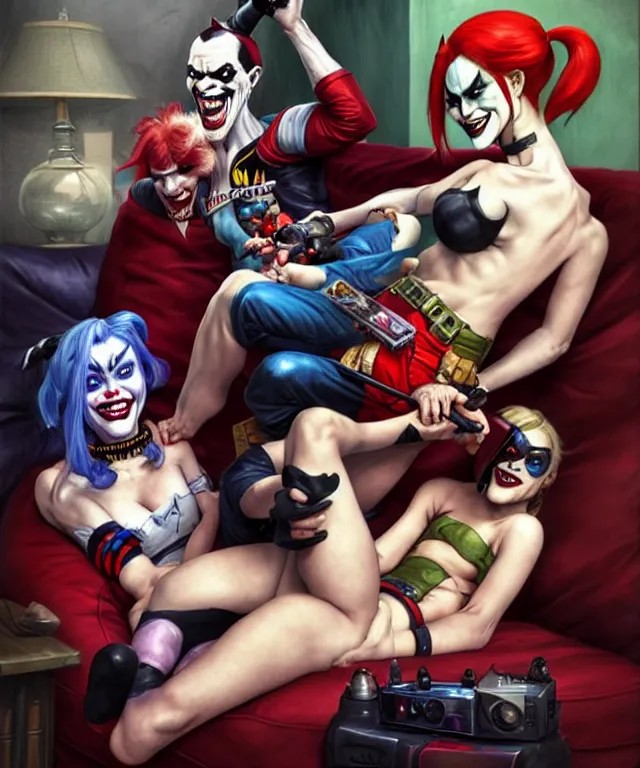 Prompt: Caricatures of Harley Quinn, Heath Ledgers Joker and Batman, playing video games on a couch together, Harley Quinn is winning, mum brings in milk and cookies. fun, funny, highly detailed, digital painting, artstation, concept art, smooth, sharp focus, illustration, art by artgerm and greg rutkowski and alphonse mucha